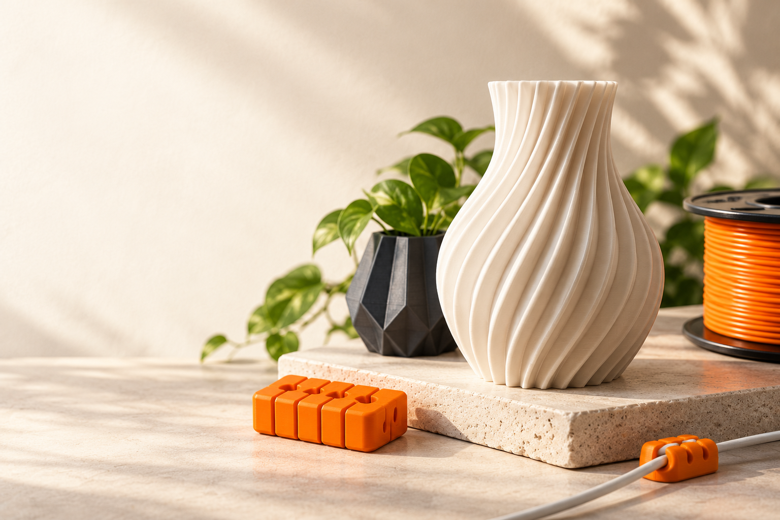 Vaso escultural e organizadores impressos em 3D